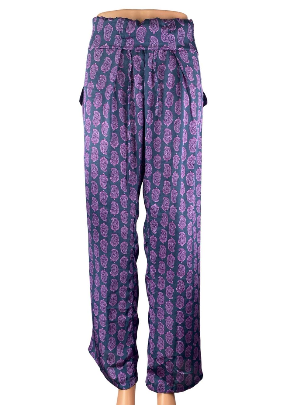 NEW Natura Women's Purple Silky Satin Paisley Pleated Straight Trousers Pants XL